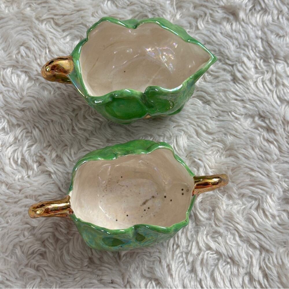 Vintage Midcentury 50s Green Floral Ceramic Bowls with Gold Handles Cream Sugar - Picture 3 of 4
